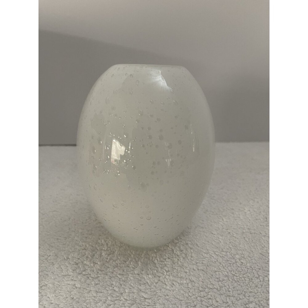 Hand Blown White Art Glass Air Bubbles Oval Vase 5.75" Heavy
